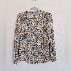 Danielrainn blue and mustard floral parsley pattern blouse 100%rayon
